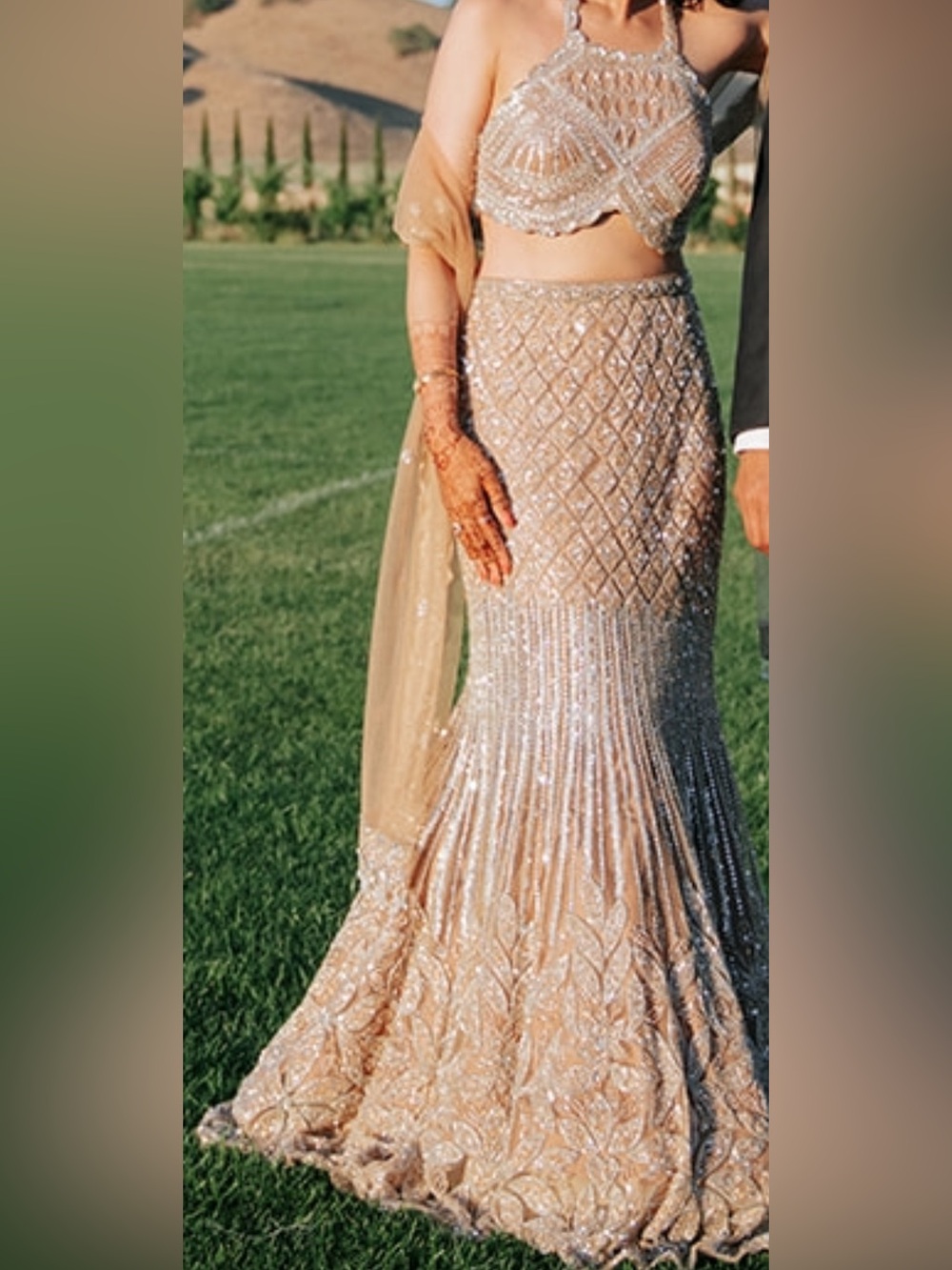 ISA by Dolly Wahal Custom Beige Gold Fishcut Lehenga Set